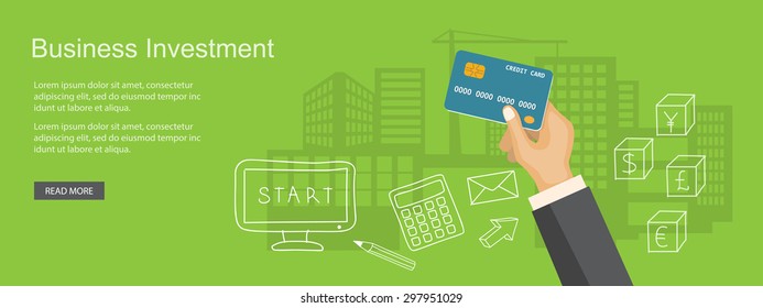 Flat design modern vector illustration  concept of  business site with bank card and hand - eps 10
