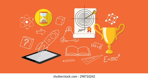 Flat design modern vector illustration  concept of  higher school, university, online education, e-learning, business  studying, training, webinar with tablet, winner cup, clock and target  - eps 10