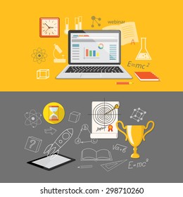 Flat design modern vector illustration  for higher school, university, online education, e-learning, business  studying, training, webinar with tablet, laptop, winner cup, clock and target  - eps 10