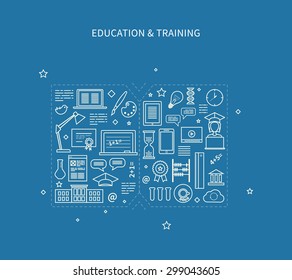 Flat design modern vector illustration icons set of distance education, e-learning, courses and training. All elements are presented as a book