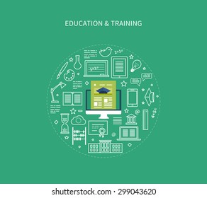 Flat design modern vector illustration icons set of distance education, e-learning, courses and training. All elements are presented as circle