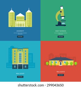 Flat design modern vector illustration icons set of online education, e-learning, university, urban landscape and city life. School and university building icon. Vector illustration