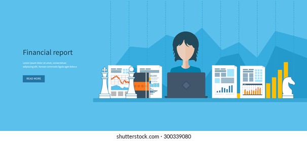 Flat design modern vector illustration concept of analyzing project, financial report, financial analytics, market research and planning documents