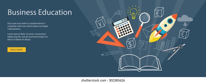 Flat design modern vector illustration concept of business education, e-book;  online, e-mail marketing, management, analytics with rocket - eps10