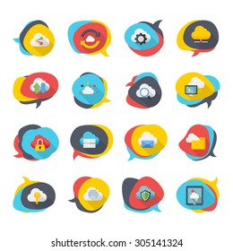 Flat design modern vector illustration icons set of cloud network in stylish colors.
