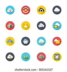 Flat design modern vector illustration icons set of cloud network in stylish colors.
