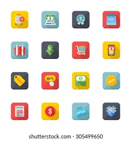 Flat design modern vector illustration icons set of shopping in stylish colors.