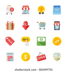 Flat design modern vector illustration icons set of shopping in stylish colors.