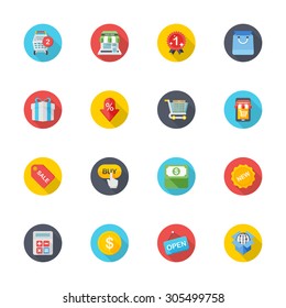 Flat design modern vector illustration icons set of shopping in stylish colors.