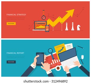 Flat design modern vector illustration concept of analyzing project, financial report and strategy, financial analytics, market research and planning documents