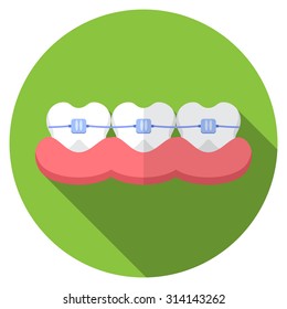 Flat design modern vector illustration of dental bracers icon with long shadow, isolated.