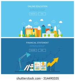 Flat design modern vector illustration icons set of mobile education, online training courses, business analysis, financial report, consulting. School and university building icon. Urban landscape. 