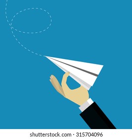 Flat design modern vector illustration concept of start up with isolated hand launching paper plane