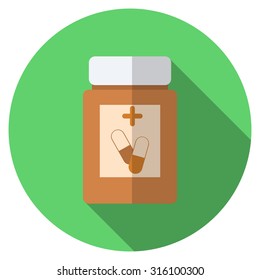 Flat design modern vector illustration of medical pills icon with long shadow, isolated