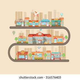 Flat design modern vector illustration icons set of urban landscape and city life. Building icon. Shops and stores icons set in flat design style.  Vector illustration.