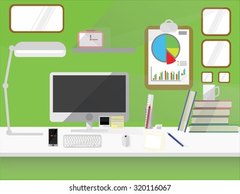 Flat design modern vector illustration concept of creative office workspace, workplace. front view of desk background with PC, smart phone, office objects, books and documents with long shadows.