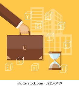 Flat design modern vector illustration concept of business investment, internet banking with briefcase in the hand and sandglass. EPS 10.