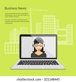 Flat design modern vector illustration concept of business news, on line news, education, tv, radio with girl and laptop and background of buildings. EPS10.
