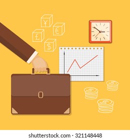 Flat design modern vector illustration concept of business investment, internet banking with briefcase in the hand, paper and clock. EPS 10.