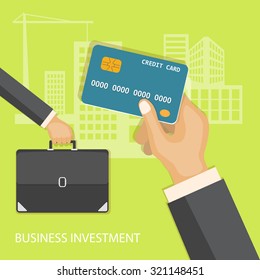 Flat design modern vector illustration concept of business investment, internet banking with credit card in the hand and briefcase in the hand. EPS 10.