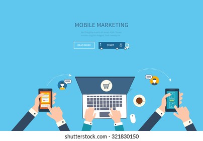 Flat design modern vector illustration concept of teamwork analyzing project on business meeting, team work, online shopping, mobile marketing, Top view banner