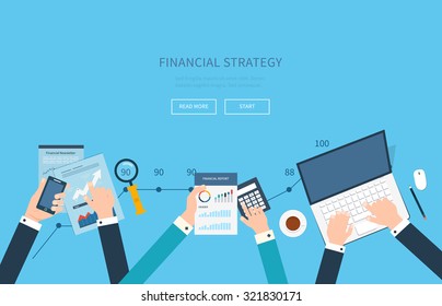 Flaches Design Modernes Vektorgrafik-Konzept der Analyse von Projekt, Finanzbericht und Strategie, Finanzanalyse, Marktforschung, Teamarbeit und Planungsdokumenten