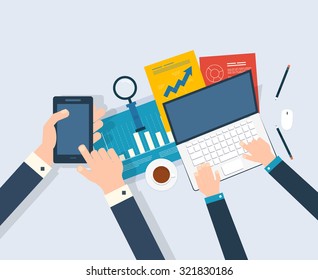 Flat design modern vector illustration concept of analyzing project, financial report and strategy, financial analytics, market research and planning documents