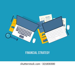Flat design modern vector illustration concept of analyzing project, financial report and strategy, financial analytics, market research, teamwork and planning documents