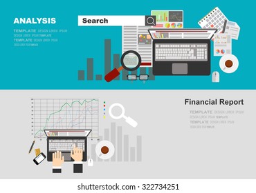 Flat design modern vector illustration concept of analyzing project, financial report and strategy, financial analytics, market research and planning documents