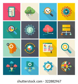 Flat design modern vector illustration icons set of big data in stylish colors.
