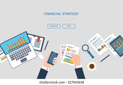 Flat design modern vector illustration concept of analyzing project, financial report and strategy, financial analytics, market research, teamwork and planning documents