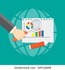 Flat design modern vector illustration concept of business webinar, on line seminar with loupe in the  hand. EPS 10.