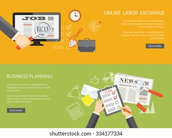 Flaches Design moderne Vektorgrafik. Banner-Set für Business-Site mit Händen, Computer, Lupe, Zeitung, Symbolen und handgezeichneten Symbolen. EPS 10.