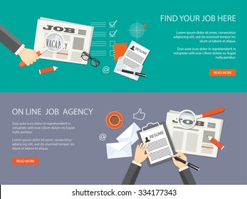 Flat design modern vector illustration. Set of banners for job site  with hands, loupe, newspaper, icons and hand drawn symbols. EPS 10.