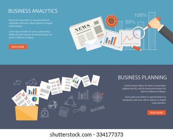 Design plano ilustração vetorial moderna. Conjunto de banners para site de trabalho com mão, lupa, jornal, ícones e símbolos desenhados à mão. EPS 10.