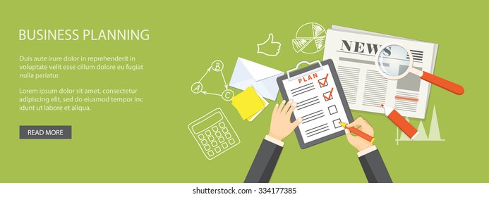 Flat design modern vector illustration business concept  with loupe, newspaper, icons and hand drawn symbols. EPS 10.
