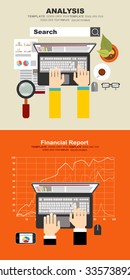Flat design modern vector illustration concept of analyzing project, financial report and strategy, financial analytics, market research and planning documents