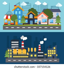 Flat design modern vector illustration icons set of factory landscape and city life. Building icon. Set of urban landscape and city life