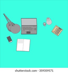 Flat design modern vector illustration. Top view of desk background with laptop, digital devices and office objects.