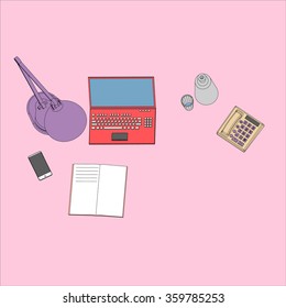 Flat design modern vector illustration. Top view of desk background with laptop, digital devices and office objects.

