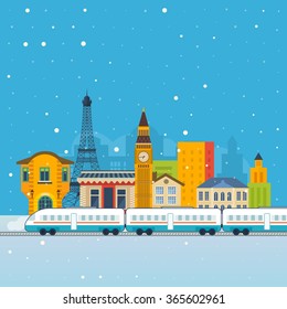 Flat design modern vector illustration icons set of urban landscape and train on railway.  Train on the background of the city. Travel to Europe.  French and London landmarks. 