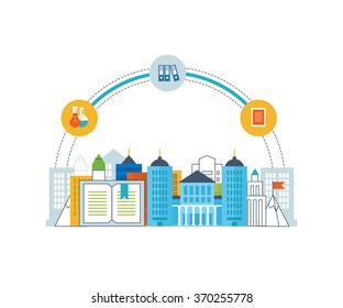 Flat design modern vector illustration icons set of online education and e-learning. Online course from universities and colleges proposes video-on-demand, forum, communication. Color line icons
