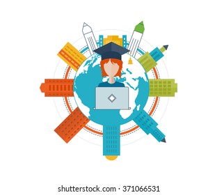 Flat design modern vector illustration icons set of online education and online training courses, specialization, university, tutorials. School and university building icon. Urban landscape. 
