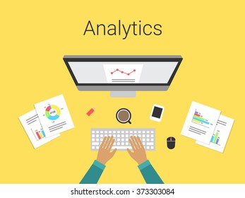 Flat design modern vector illustration concept of analytics and computing data analysis, charts and graphs. Analyst working. Isolated on stylish yellow background.