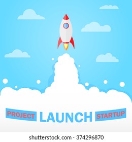 Flat design modern vector illustration concept of new business project start-up. Blast off. Rocket launch icon. 