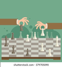 Flat design modern vector illustration concept of two business people playing chess and try to find strategic position and tactic for long-term success plan or goal.