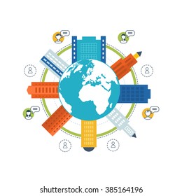 Flat design modern vector illustration icons set of online education and online training courses, specialization, university, tutorials. School and university building icon. Urban landscape. 