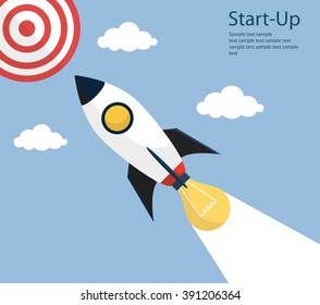 Flat design modern vector illustration concept of new business project startup development and launch a new innovation product on a marke. Rocket launching, planification, innovations, and ideas.