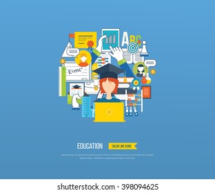 Flat design modern vector illustration icons set of distance education, e-learning, courses and training. All elements are presented as circle