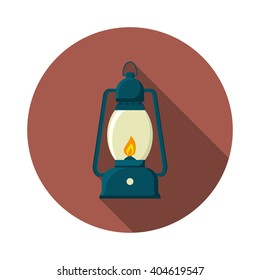Flat design modern vector illustration of lantern icon, camping and hiking equipment with long shadow.